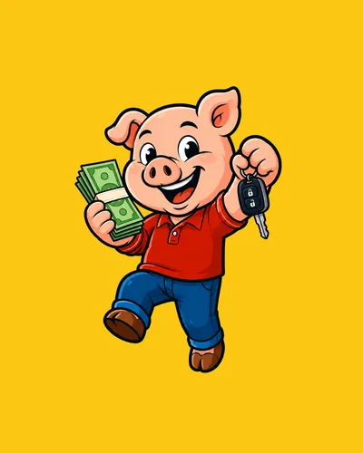 Polky the Pig mascot holding cash and car keys
